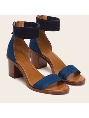 Frye Brielle Denim Block Heel Sandals Blue Ankle Strap Leather Heels 10